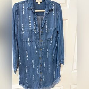 cloth & stone Blue Denim Midi Shirt Dress with White Heart Print